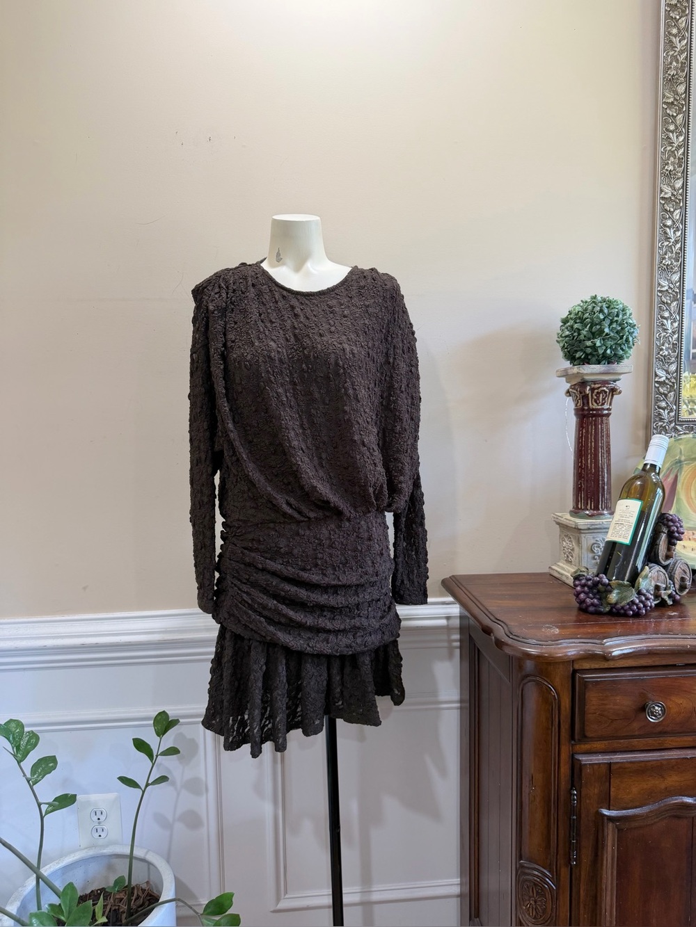 Zara Textured Long-Sleeve Brown Women's Dress